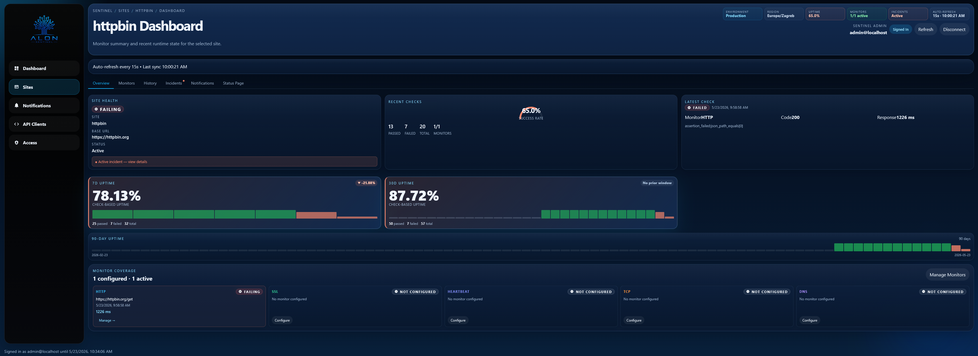 Alon Sentinel site dashboard showing health, recent checks, uptime, and monitors